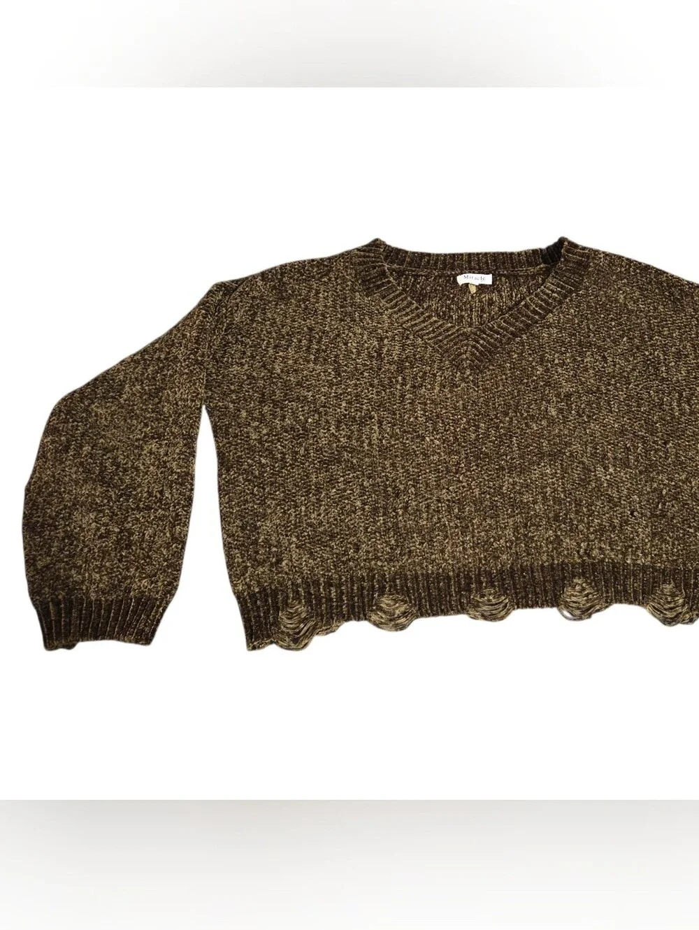 Miracle Clothing Olive Green Distressed Cropped Marled V-Neck Sweater M/L